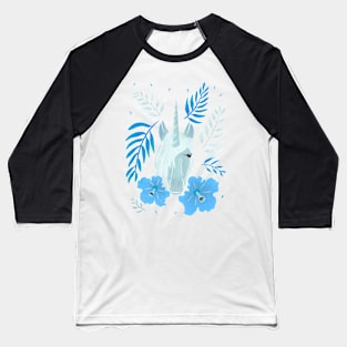 Unicorn and Hibiscus Blue White Floral Pattern Baseball T-Shirt